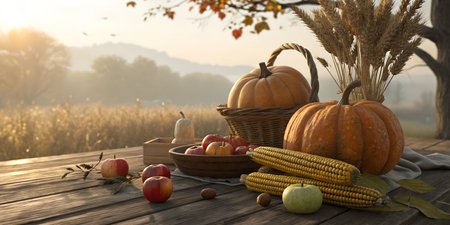 Harvest bounty awaits with pumpkins, corn, and apples set against a golden autumn landscapeの写真素材