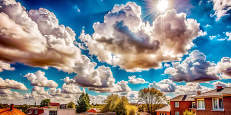 Beautiful cloudscape over the city with sun shining throughの写真素材