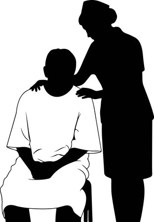 A nurse offers comfort and support to a patient. This image conveys empathy, care, and the importance of human connection in medical settings. Ideal for healthcare campaigns, wellness programs, and patient resources.のイラスト素材