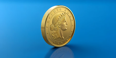 Elegant gold coin featuring Liberty head on blue background for investmentsの写真素材