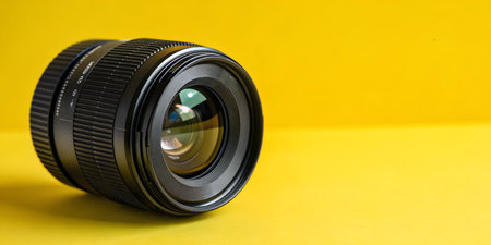 Professional camera lens on vibrant yellow background, capture stunning images, dynamic photography...