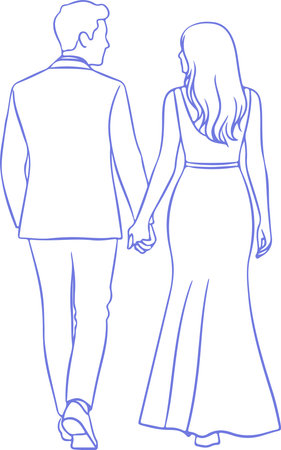 A stylish couple in formal attire walks hand-in-hand, embodying love, commitment, and the start of a beautiful journey together. Perfect for wedding or romance themes.のイラスト素材