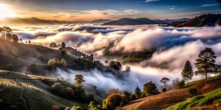 Stunning sunrise over misty mountain landscape with vibrant green hills and golden clouds