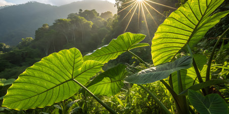 Discover the vibrant energy of this lush rainforest jungle with glowing sun rays shining through giant tropical leavesの写真素材