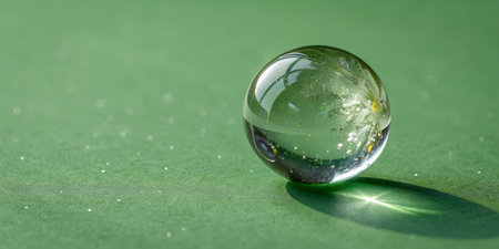 A captivating macro view of a clear glass marble, its surface alive with reflections and scattered...