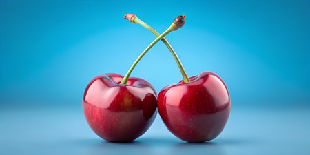 Two luscious red cherries with delicate stems crossed against a bright blue backdrop. This vibrant...
