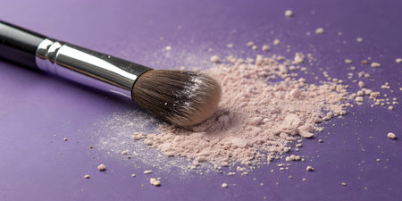 A close-up view of a professional makeup brush delicately dusting fine powder onto a vibrant purple...