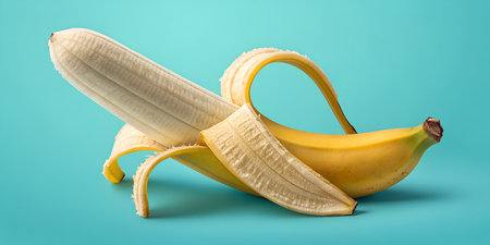 A vibrant, freshly peeled banana beckons with its smooth texture and bright yellow peel against a striking blue backdrop, perfect for healthy eating concepts.の写真素材