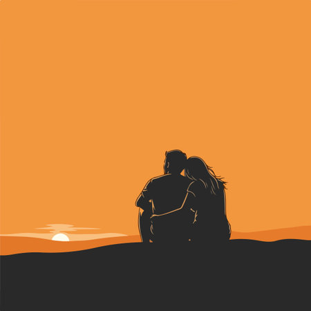 A silhouette of a couple embracing watching the sunset. The perfect backdrop for romantic travel, adventure, and unforgettable moments together.のイラスト素材