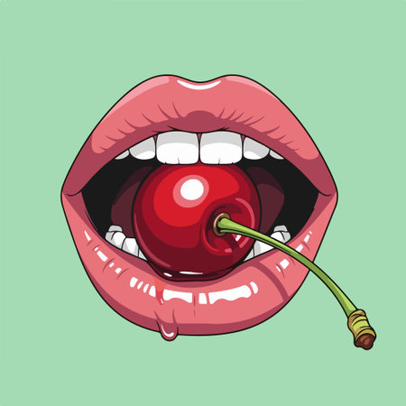 Vibrant lips savoring a juicy cherry. Ideal for beauty campaigns, healthy food promotions, or adding a pop of summer fun to your designs. Tempting and fresh!のイラスト素材