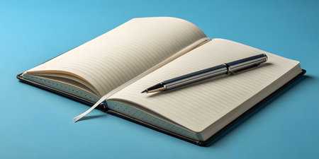 Inspiring open notebook ready for notes with modern pen on blue background