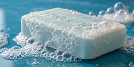 Luxury spa soap bar with glistening bubbles invites relaxation and cleanlinessの写真素材
