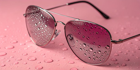 Stylish aviator sunglasses with water droplets on pink background