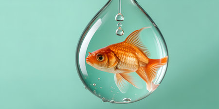 Vibrant goldfish swims serenely within a clear water droplet, symbolizing life and purity.の写真素材