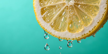Fresh lemon slice with water droplets, refreshing citrus fruit concept designの写真素材