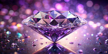 Stunning large diamond sparkles vibrantly amidst scattered gems and bokeh lights