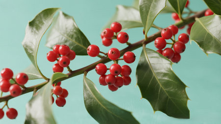 Festive holly branch with bright red berries against a soft teal background evokes cheerの写真素材