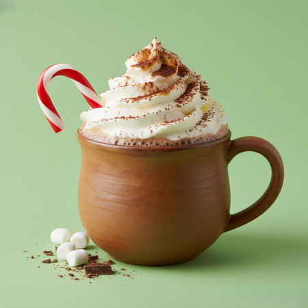 Cozy up with a decadent hot chocolate topped with whipped cream and candy cane delightの写真素材