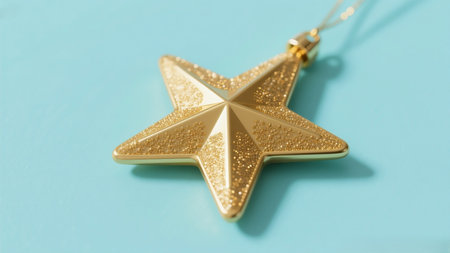 Golden star sparkles against pastel blue background, adding festive charm to any projectの写真素材