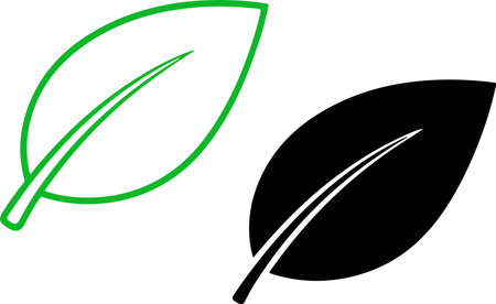 Clean, modern leaf symbols in green outline and solid black. Perfect for eco-friendly branding, organic products, and nature-inspired designs. Minimalist and elegant.のイラスト素材