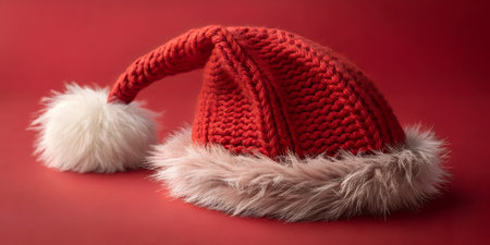 Classic red Santa hat with soft white trim evokes holiday cheer and festive spirit on a red backgroundの写真素材