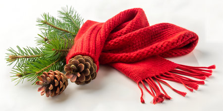 Warm red knit scarf with pine boughs and cones evokes cozy winter holiday cheer and rustic seasonal styleの写真素材