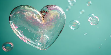 Delicate heart bubble floating gently in a playful scene against a dreamy turquoise backdrop of loveの写真素材