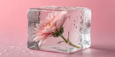 Frozen in time, pretty pink gerbera daisy encased in ice cube on pink backdrop evokes cool eleganceの写真素材