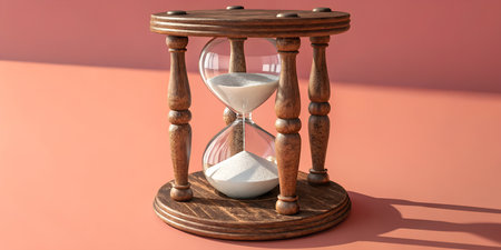 Elegant wooden hourglass with flowing sand representing time passing, deadlines, and urgency