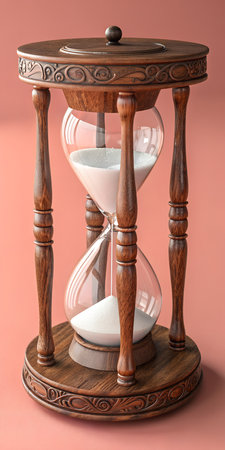 Elegant hourglass with white sand, wooden design, for concepts of time, deadline, and progress