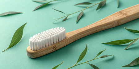 Eco-Friendly Morning Routine Featuring a Wooden Toothbrush and Eucalyptus Leaves for a Refreshing Start to Your Day and Sustainable Livingの写真素材