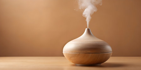 Elegant wooden aroma diffuser releasing calming mist for a peaceful ambiance, perfect for wellness promotions and serene home decor conceptsの写真素材