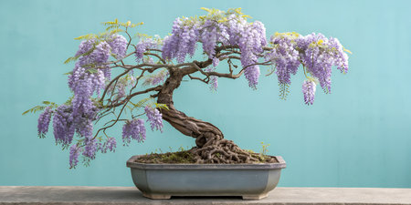 Elegant wisteria bonsai tree with cascading purple blooms, a symbol of resilience and beauty for serene home decor and mindful living designsの写真素材