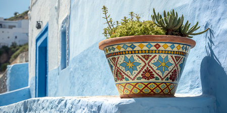 Vibrant moroccan ceramic pot overflowing with green succulents against a textured blue wall