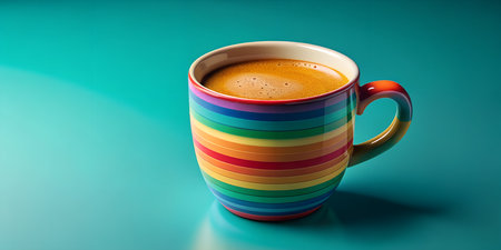 A tall vibrant rainbow striped mug filled with a frothy golden beverage sits on a smooth teal surfaceの写真素材