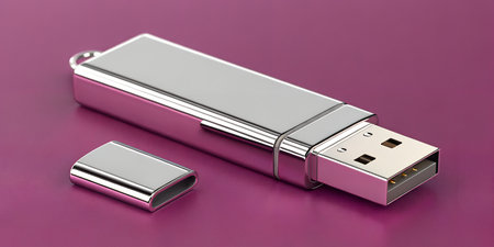 Sleek silver usb flash drive with its cap detached showcasing the metallic connector on a vibrant...