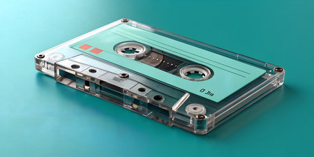 Nostalgic clear cassette tape on vibrant teal background evokes retro vibes, perfect for music lovers and vintage themesの写真素材