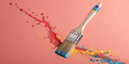 Vibrant paint brush with a splash of red and yellow, perfect for DIY projects, home improvement, or adding color to your creative designsの写真素材