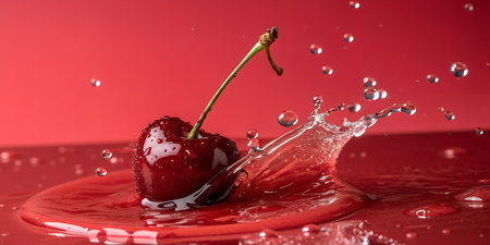 Juicy cherry splashing into vibrant red liquid creating dynamic water droplets for a refreshing summer feeling and healthy lifestyle campaignの写真素材