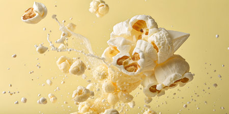 Enjoy delicious popcorn with a splash of milk in this yummy snack shot, perfect for a fun movie night or sweet indulgence on a bright yellow backdropの写真素材