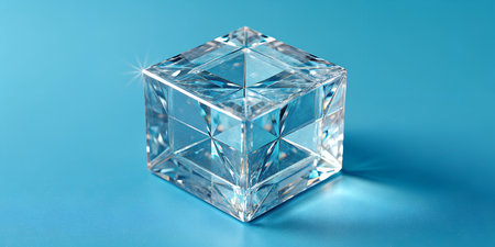 Brilliant crystal cube on turquoise background, a modern symbol of clarity, precision, and innovation for your business or design project nowの写真素材