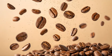 Fresh roasted coffee beans dynamically falling against a warm background for your next delicious beverage or coffee ad campaignの写真素材