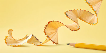 Inspiring creativity with a sharpened pencil and delicate shavings on a sunny yellow backdrop, perfect for back to school or office conceptsの写真素材