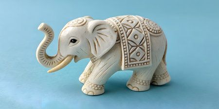Elegant elephant figurine with intricate carvings on a serene blue backdrop evokes peace and...