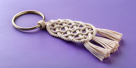 Handmade macrame keychain featuring intricate knotwork and a trendy bohemian vibe on a purple...