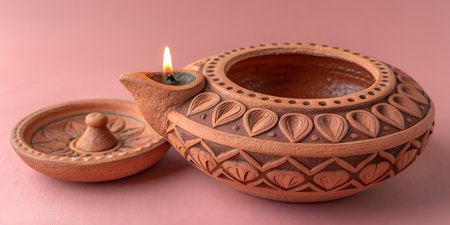 Warm candlelight glows from a traditional terracotta oil lamp, bringing a touch of serenity and...