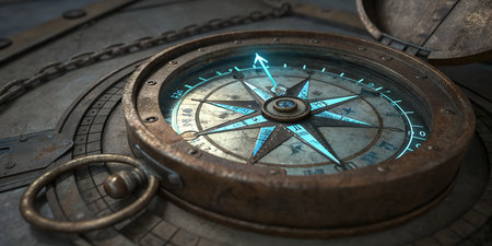 Vintage steampunk compass with glowing needle pointing the way forward to new adventures and...