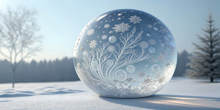 Delicate winter wonderland scene featuring an intricate snow globe design in peaceful outdoor...