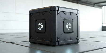 Modern futuristic black cube with glowing target symbols in a bright minimalist studio space ready...