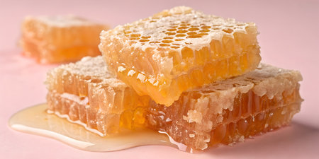 Delicious honeycombs stacked on a pink surface create a sweet and natural treat for your healthy...